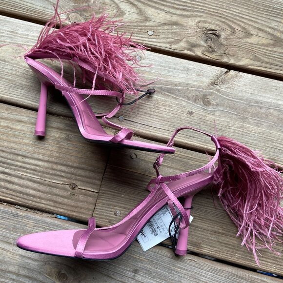 ZARA Mauve Pink Satin Feather Embellished High Stiletto Heel Strappy Sandals 40 - Picture 8 of 11